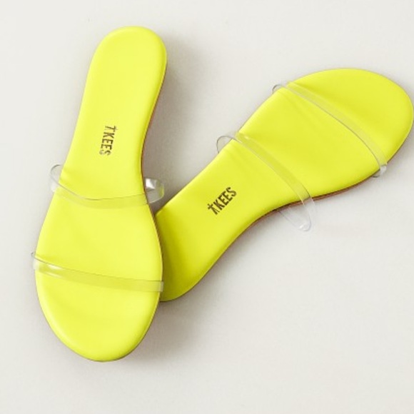 TKEES NEW Gemma Clear Neon Yellow Sandals Flats Leather Brazil Summer Minimalist - Picture 12 of 13